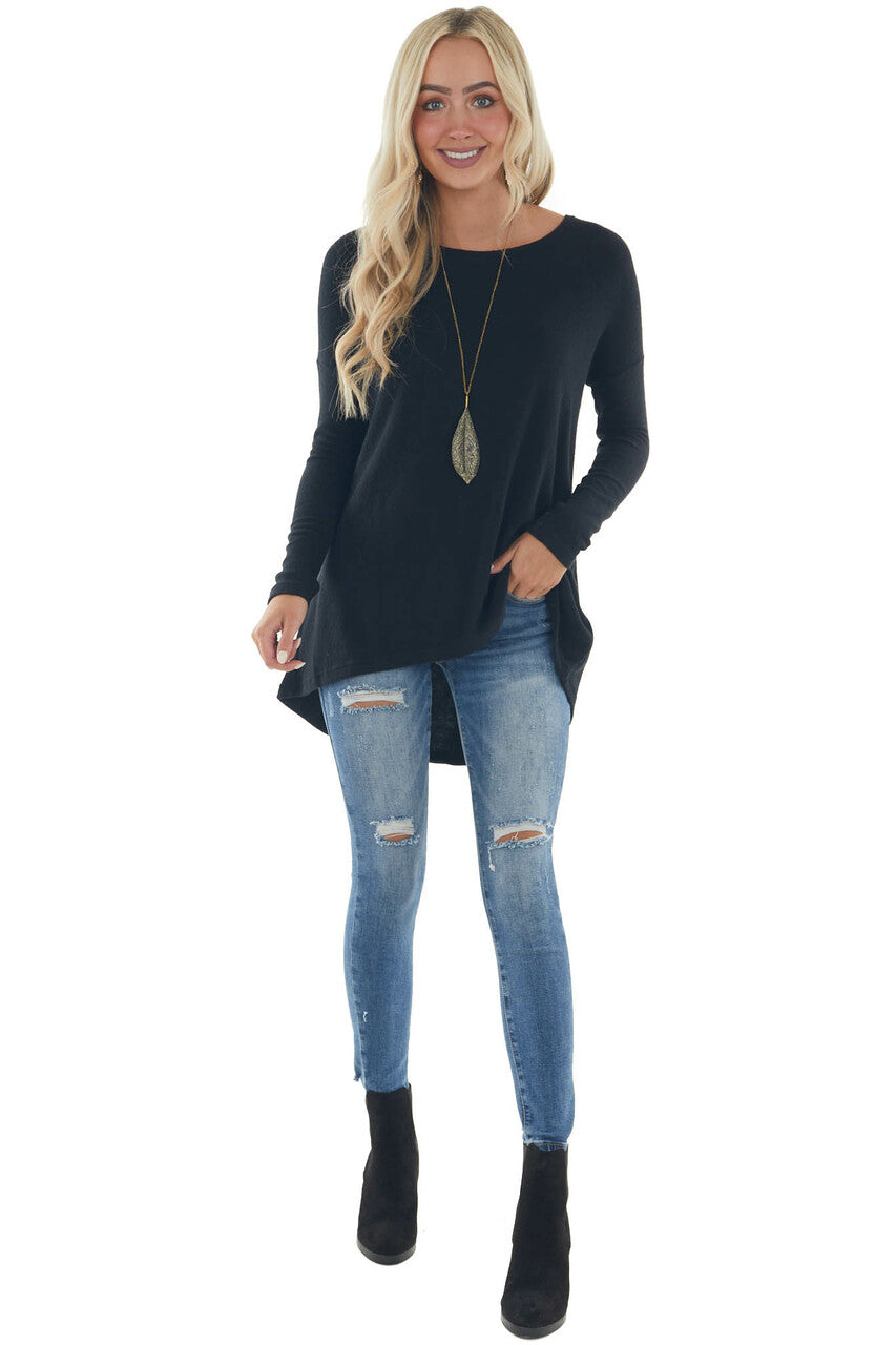 Black Brushed Knit Top with High Low Hemline 