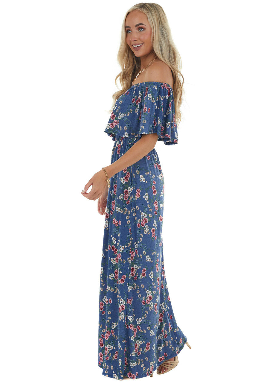 Off the Shoulder Navy Floral Print Maxi Dress