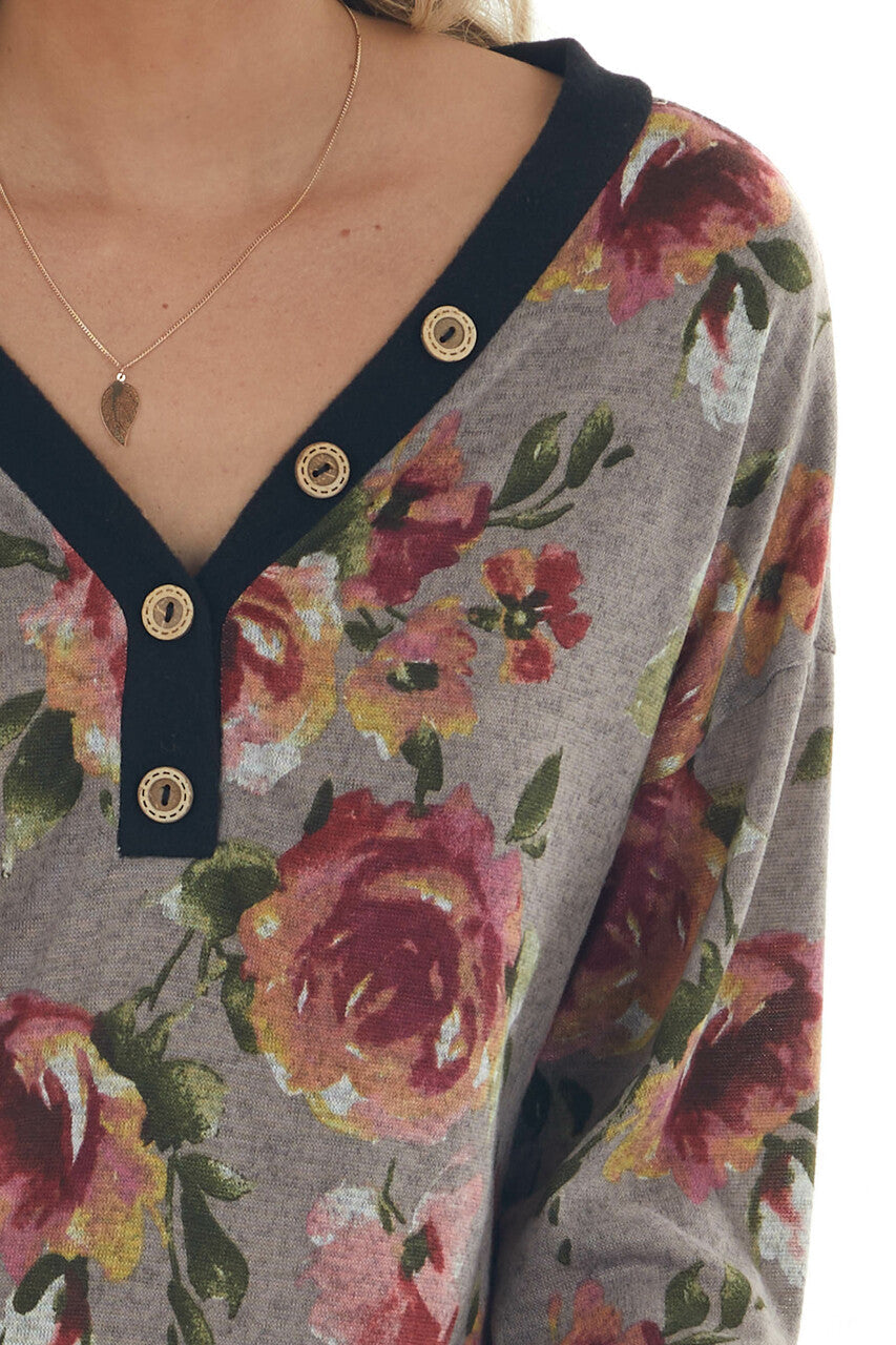 Taupe Floral Print Long Sleeve V Neck Knit Top 