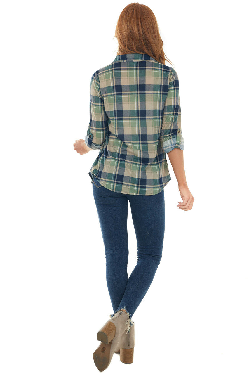 Pistachio and Navy Plaid Top with Chest Pocket 