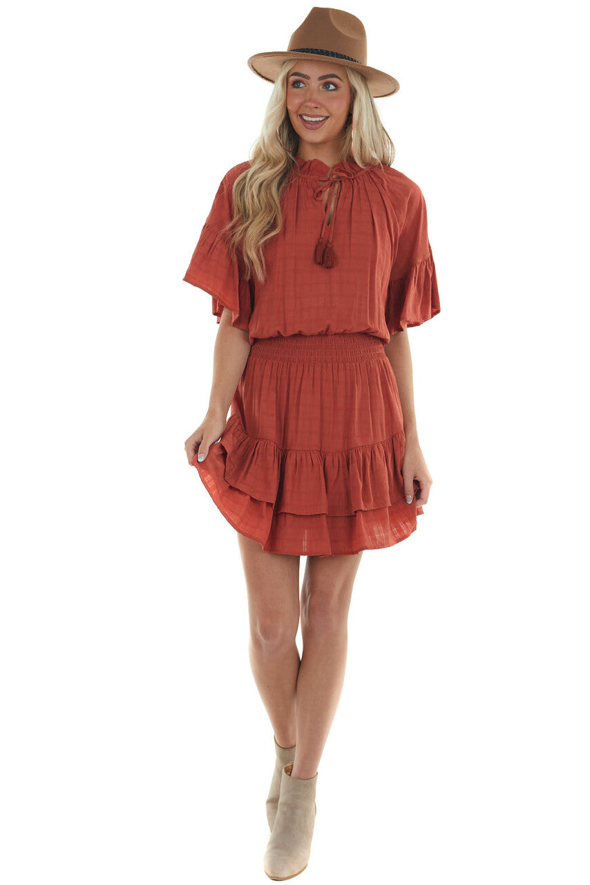 Brick Linen Ruffle Dress with Notch Neckline 