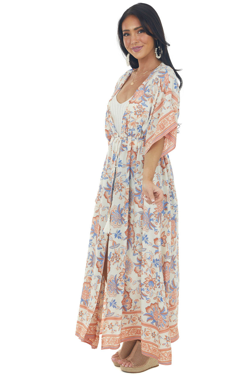 Cream Floral Print Tie Waist Duster Kimono 