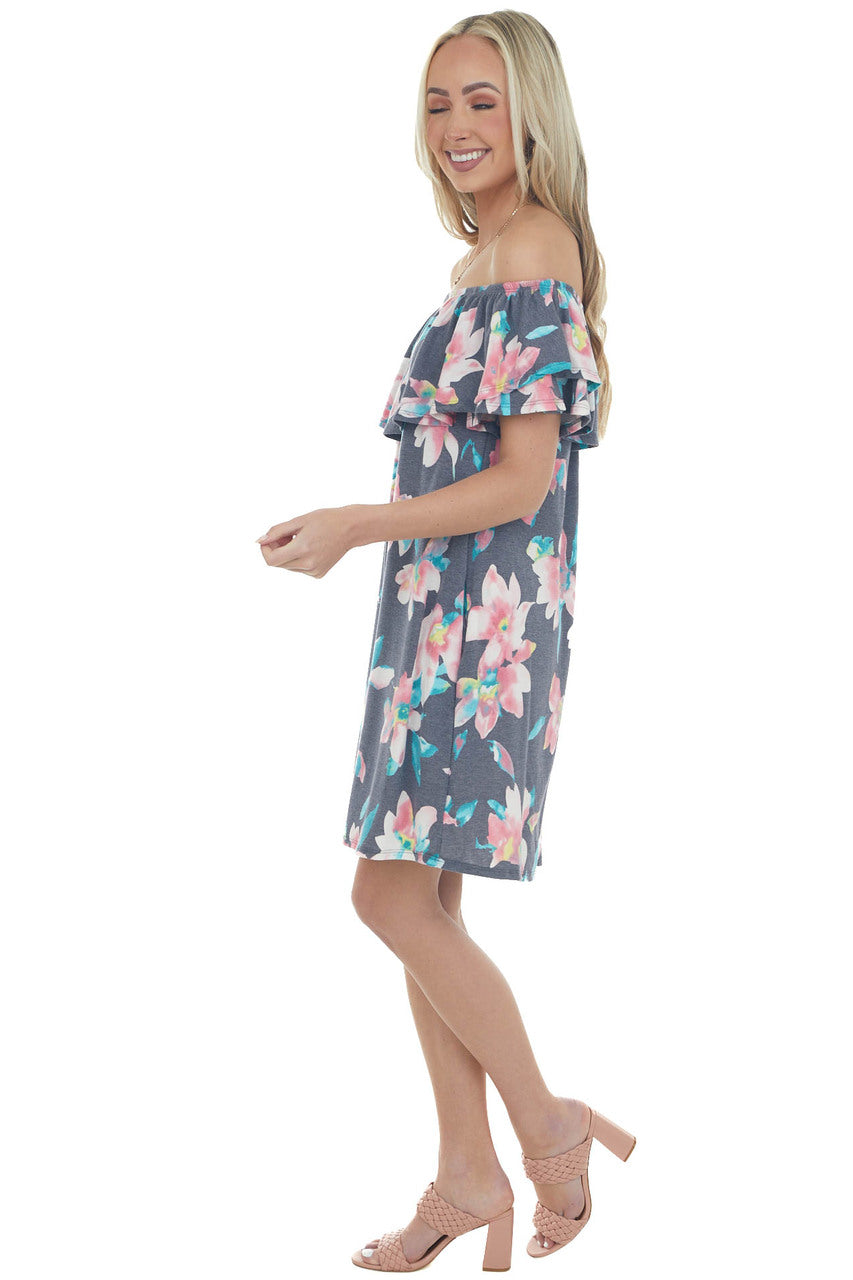 Navy Floral Off Shoulder Overlay Mini Dress