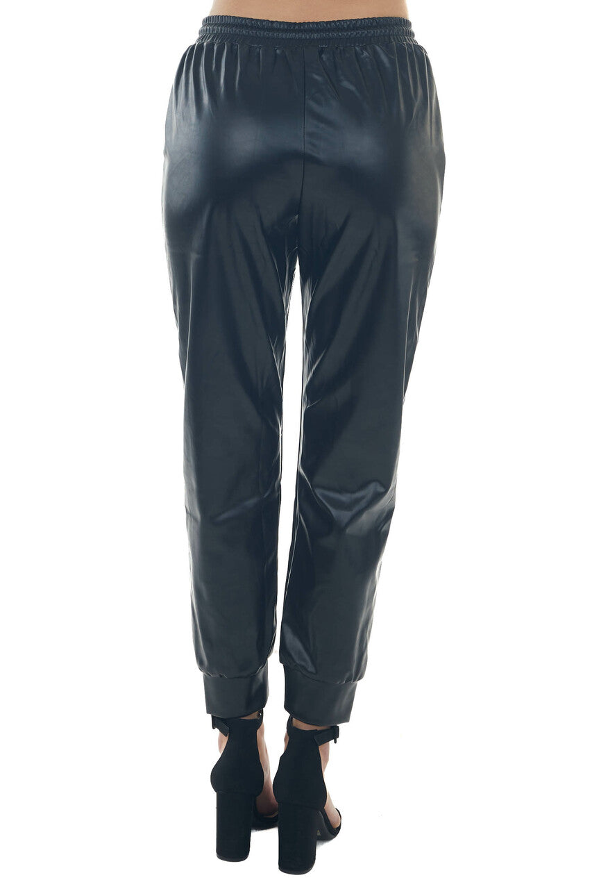 Black Faux Leather Drawstring Jogger Pants 