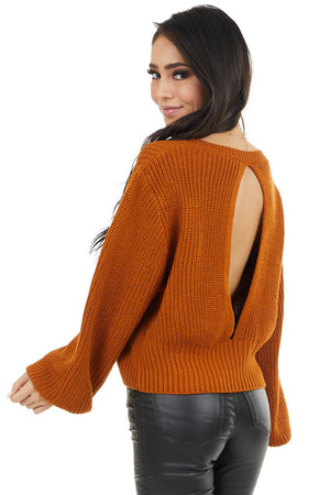 Pumpkin Spice Long Bubble Sleeve Sweater with Back Cutout