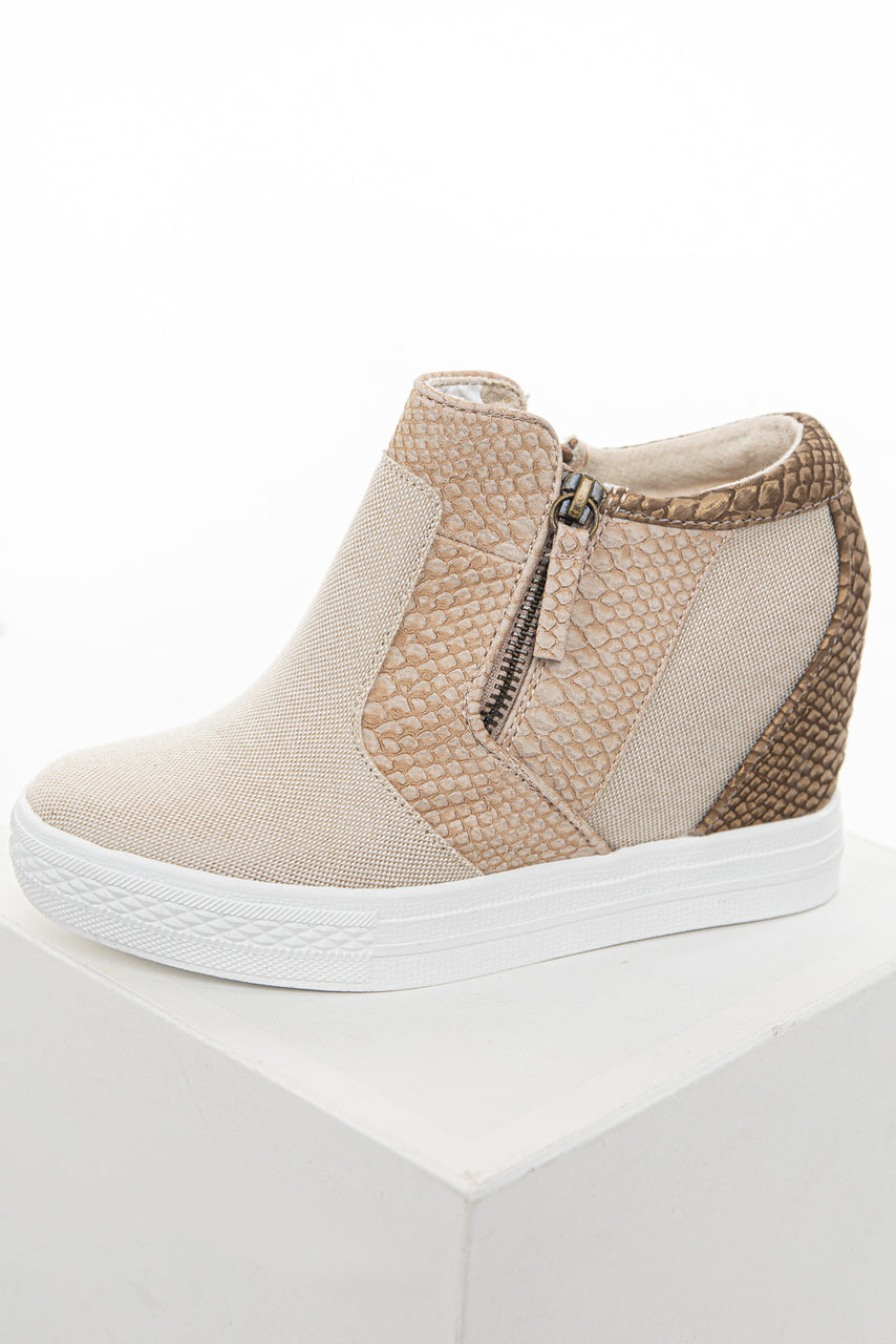 Beige and Snakeskin Print Wedge Sneakers with Dual Zippers 