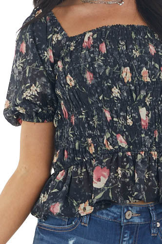 Black Floral Print Short Sleeve Blouse with Smocked Details