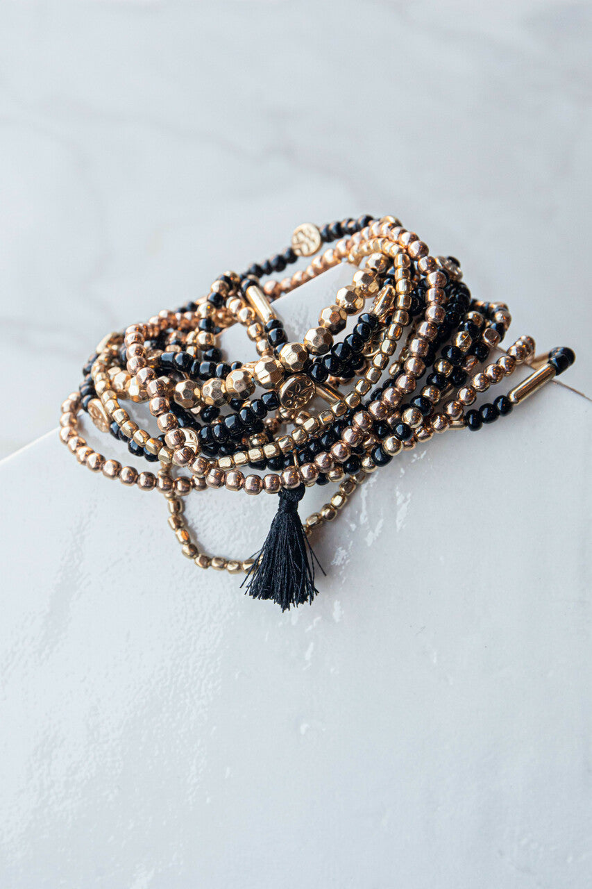 Black and Gold 12 Piece Beaded Bracelet Set