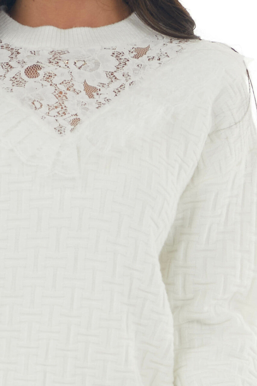 Ivory Textured Knit Sweater with Lace Detail