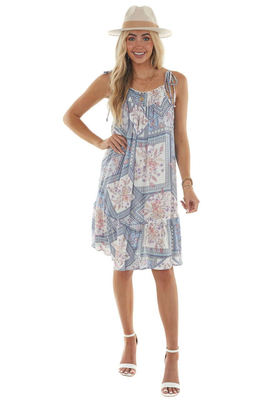 Powder Blue Printed Sleeveless Short Dress 