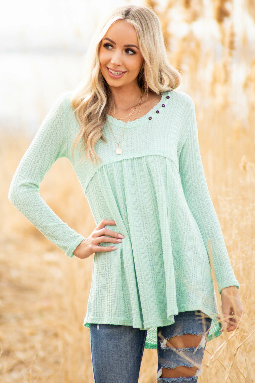 Mint Waffle Knit Babydoll Long Sleeve Tunic Top with Buttons