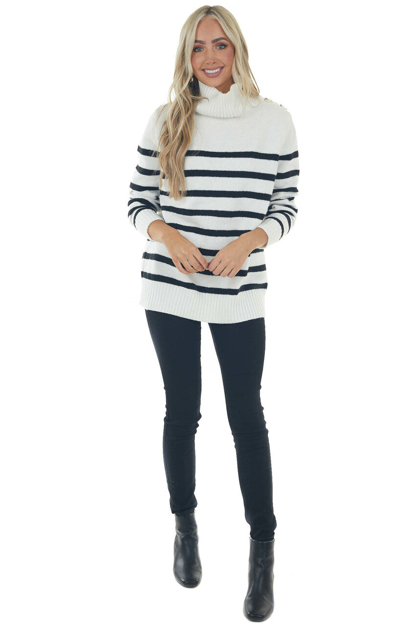 Off White Striped Side Button Up Neck Sweater