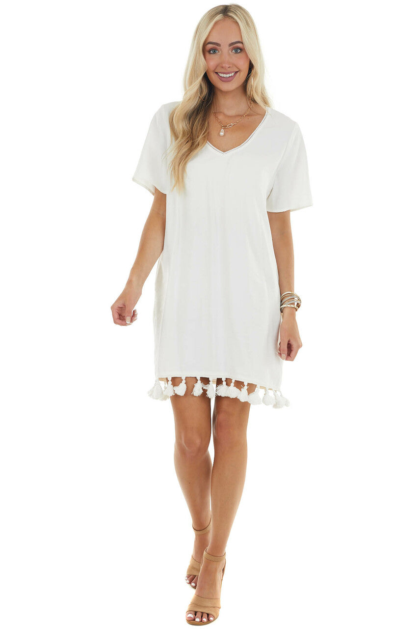 Off White V Neck Mini Dress with Short Sleeves 