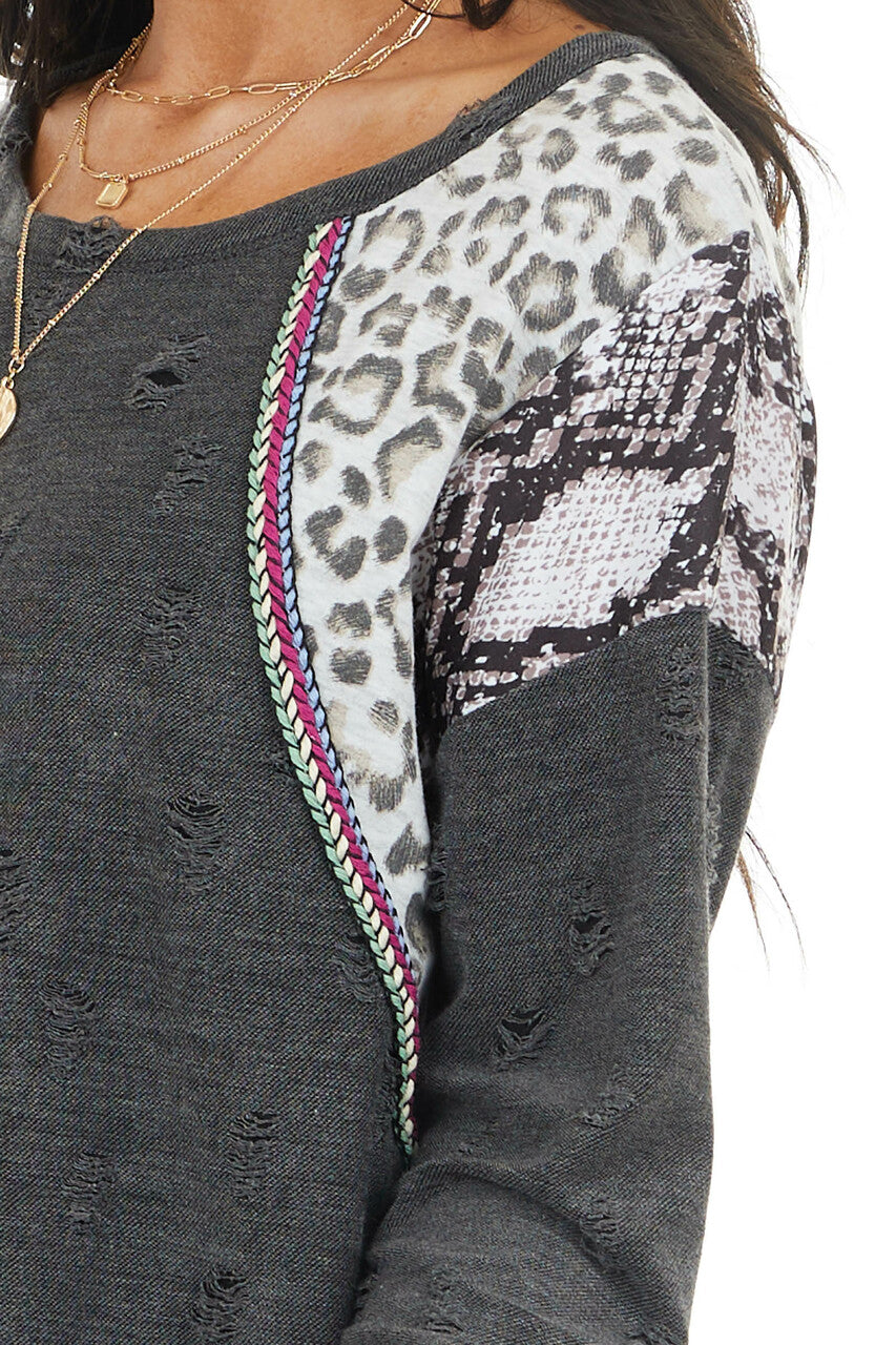 Charcoal Distressed Top with Leopard and Snake Print