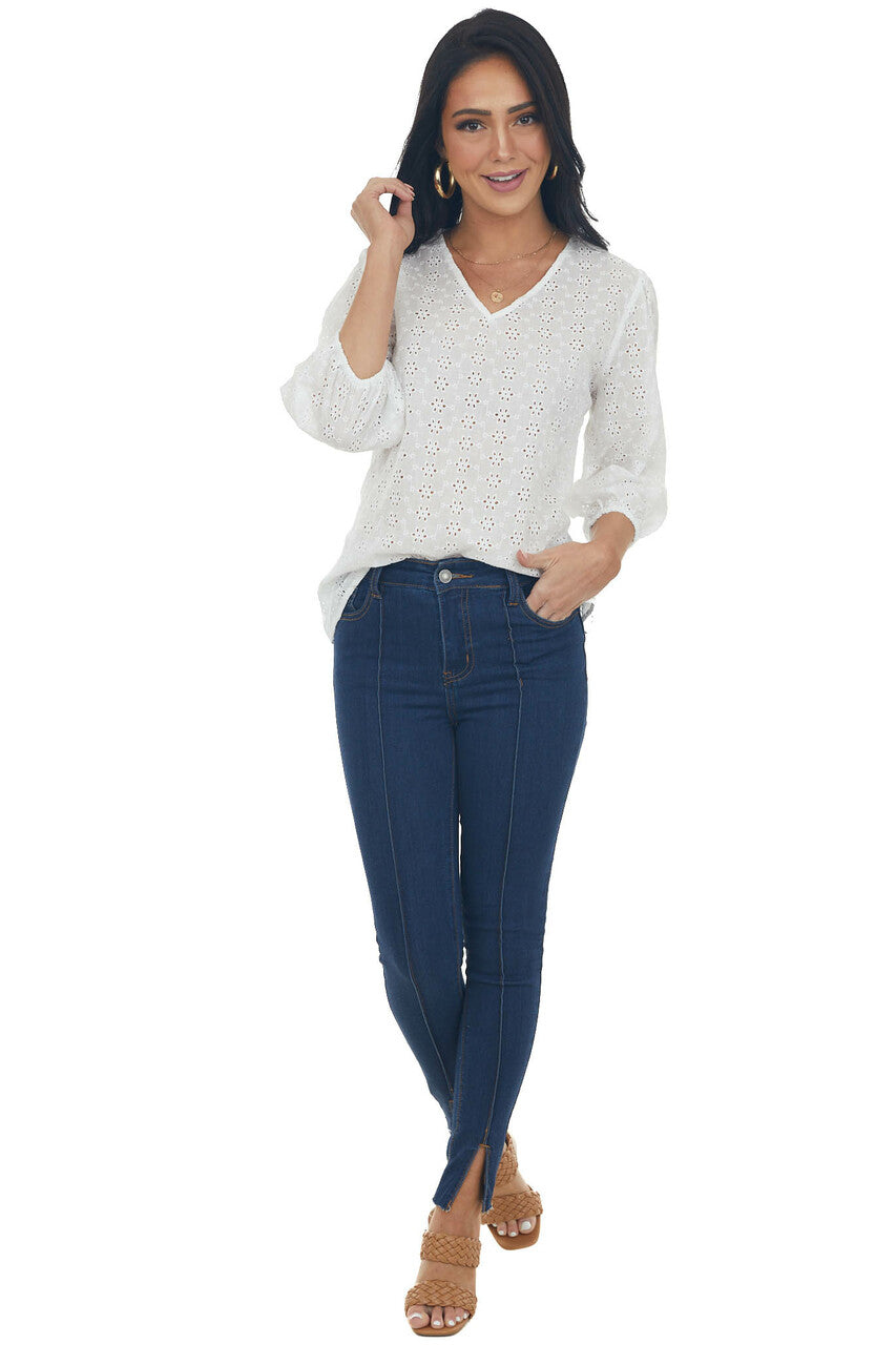 Ivory 3/4 Sleeve Floral Eyelet Lace Blouse with V Neckline