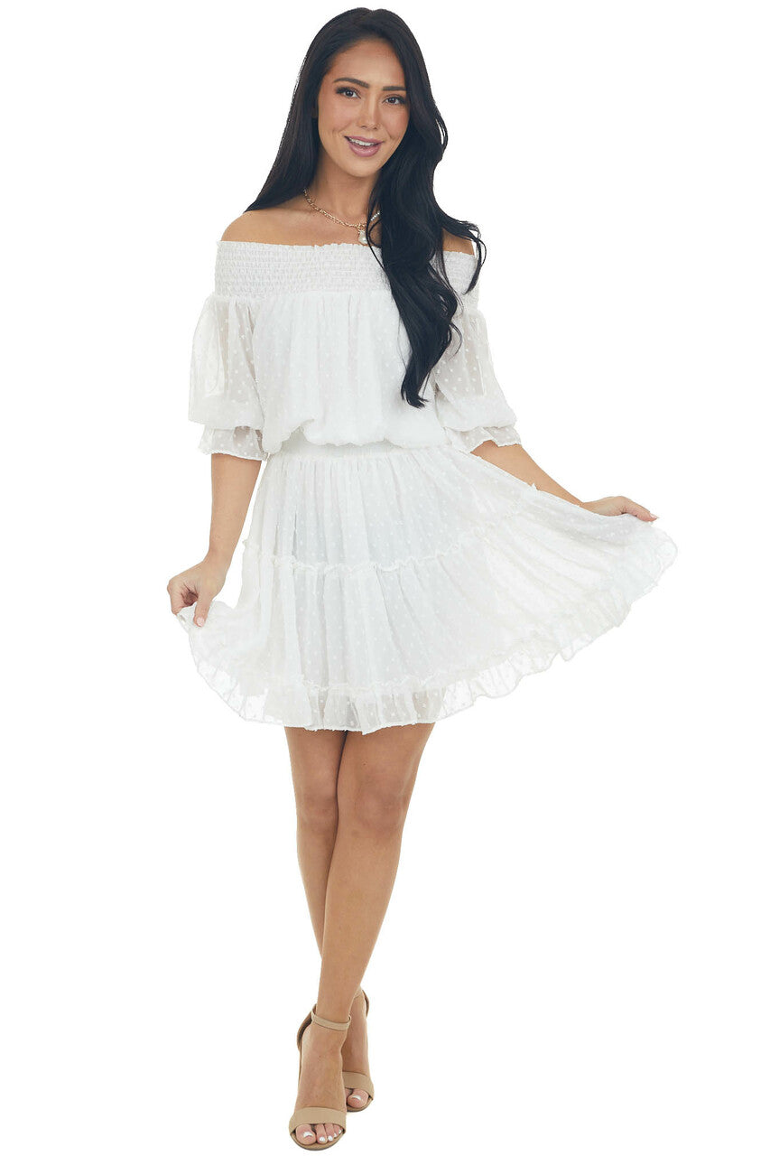 Ivory Off the Shoulder Swiss Dot Short Dress