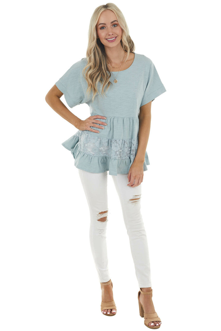 Vintage Seafoam Drop Waist Tiered Knit Top with Lace Detail