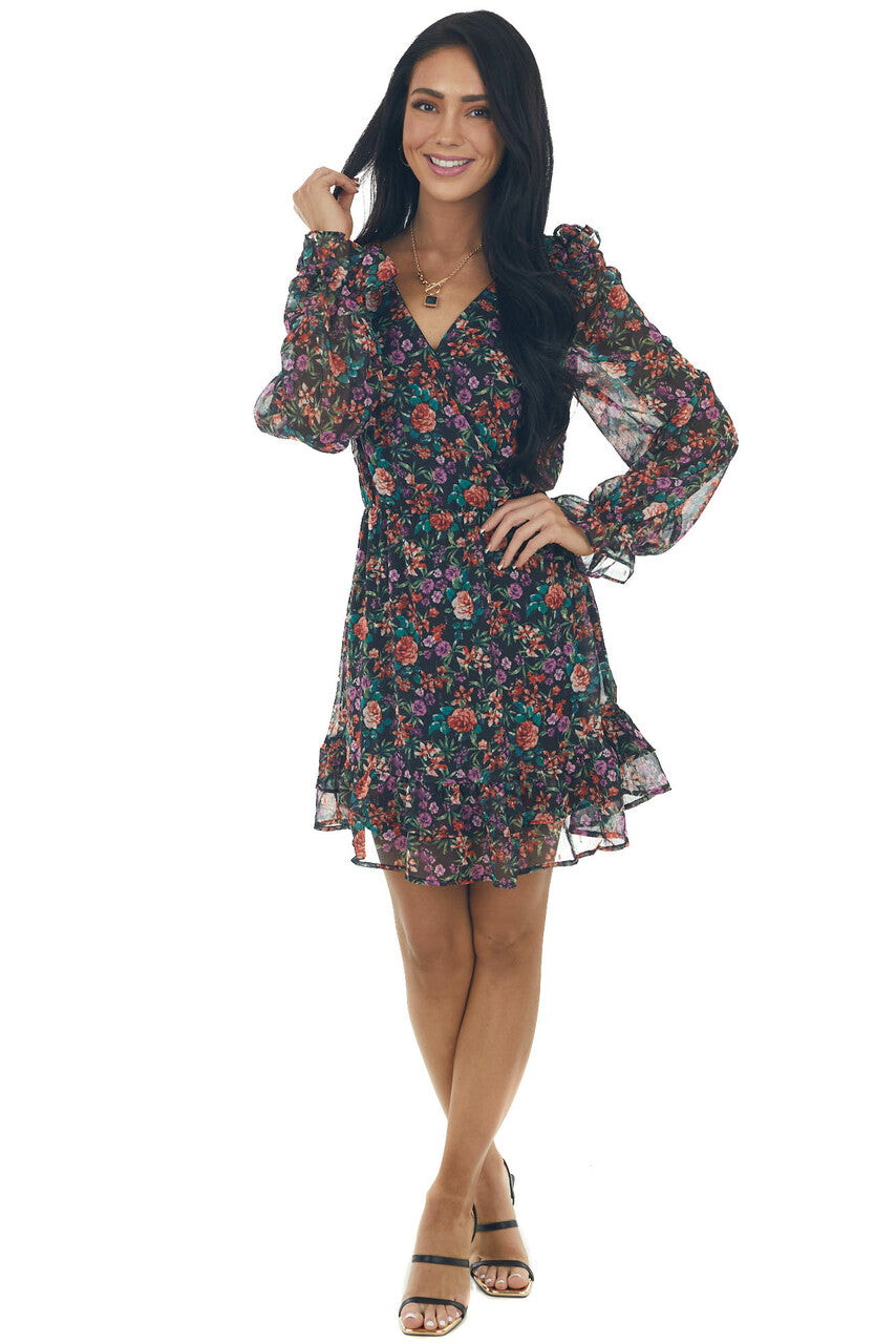 Black Floral Print Surplice Woven Mini Dress