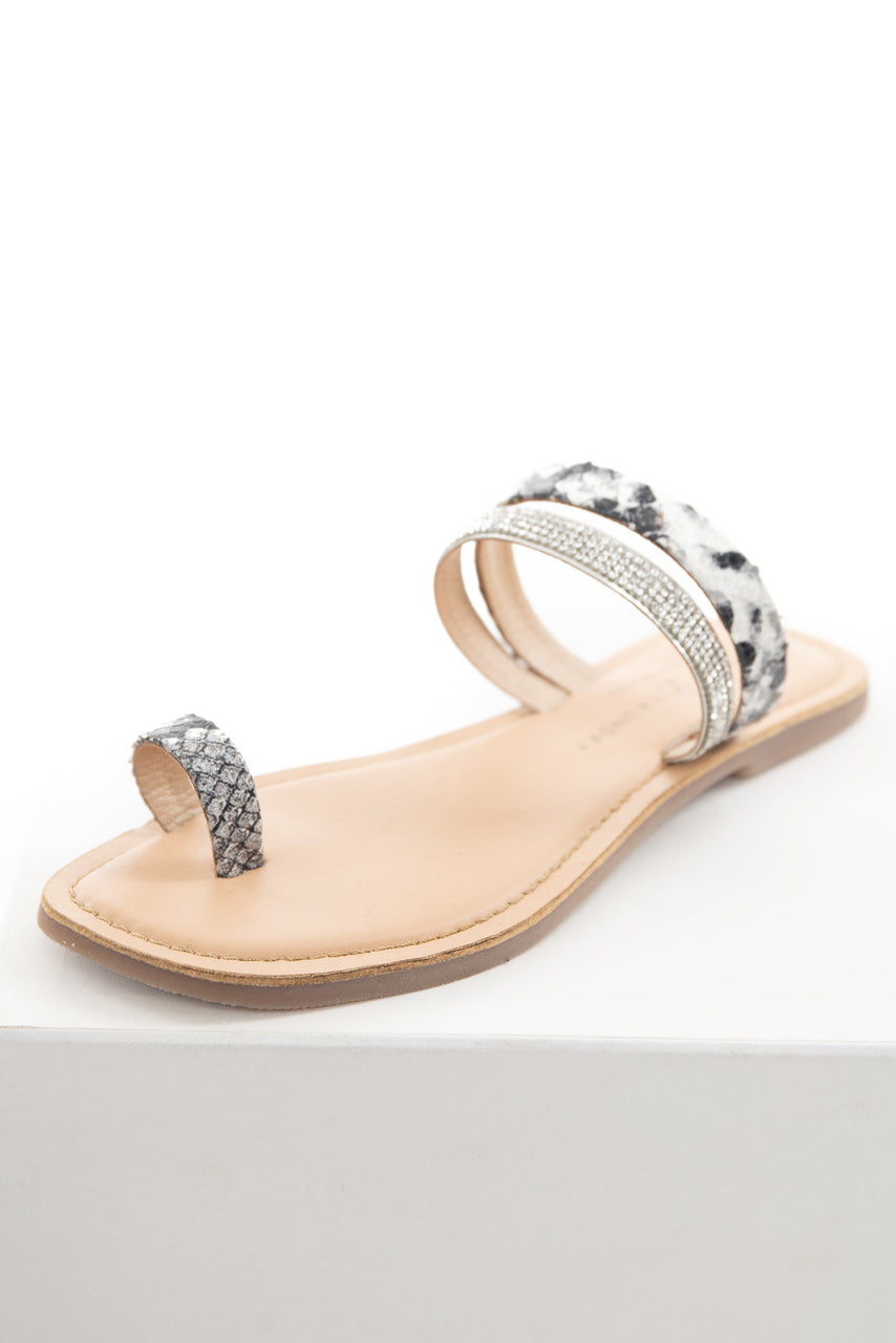Black and Ivory Snakeskin Print Sandal with Rhinestone Strap