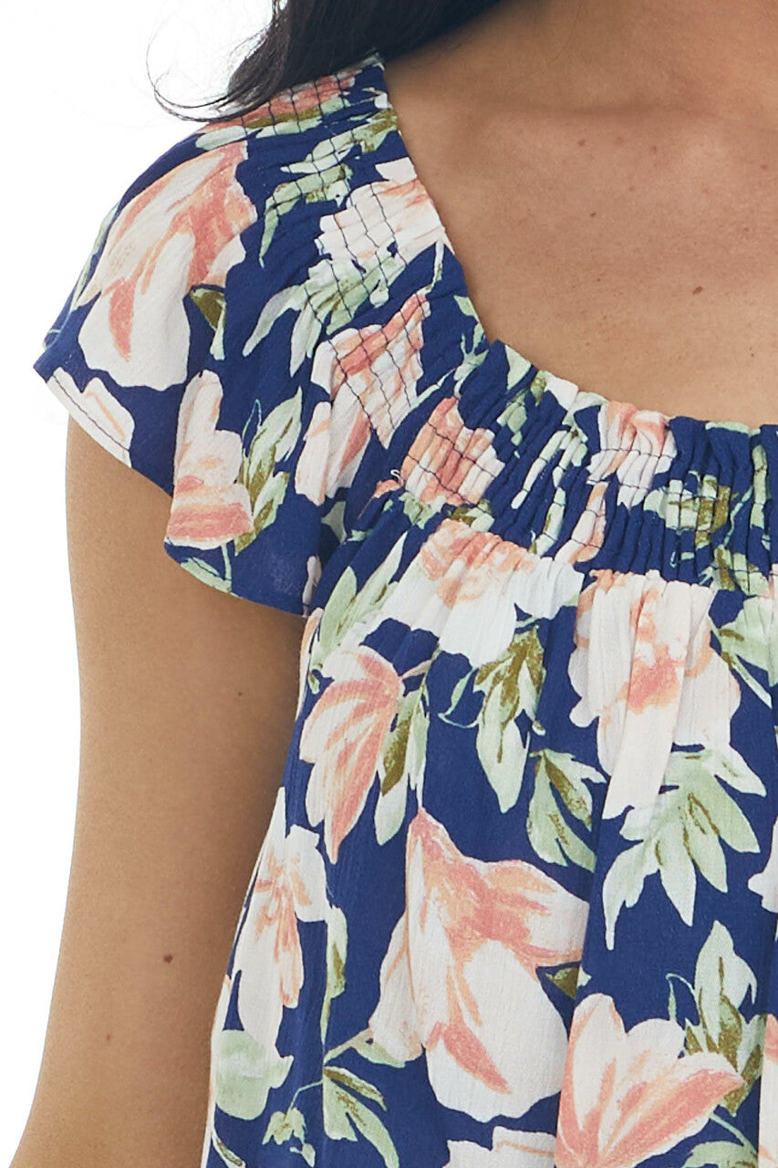 Navy Floral Print Ruffle Tiered Woven Top 