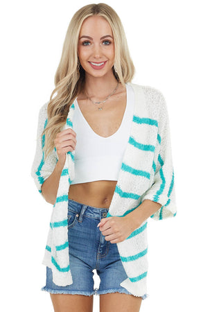 Bright Teal Striped Textured 3/4 Sleeve Knit Cardigan
