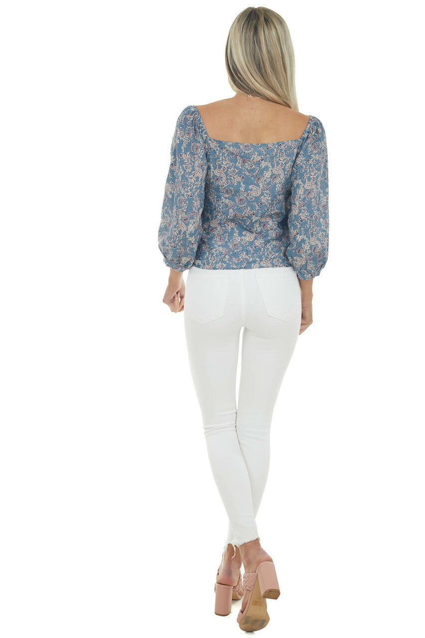 Steel Blue Multiprint 3/4 Sleeve Woven Top