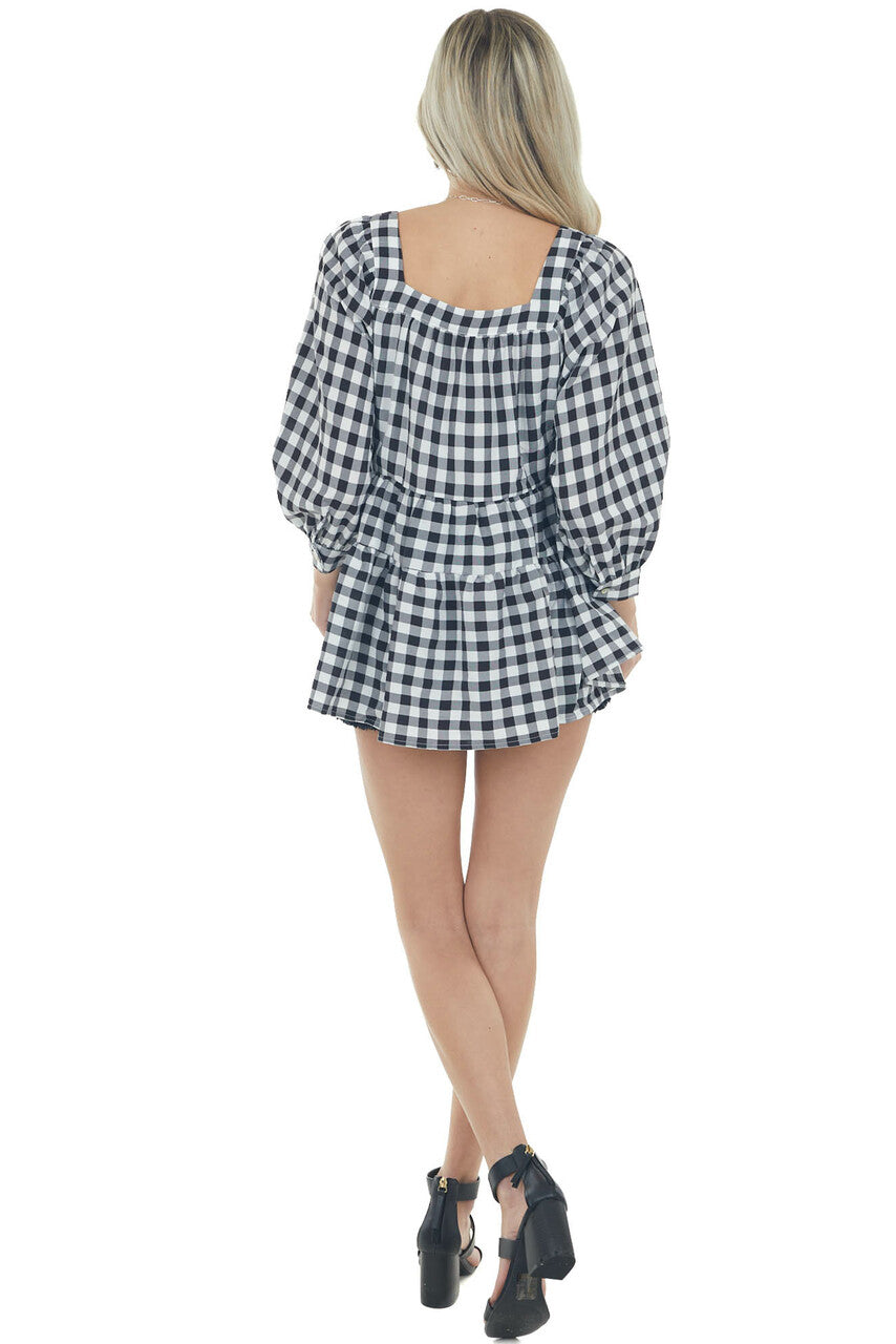 Black and Off White Gingham Print Woven Top