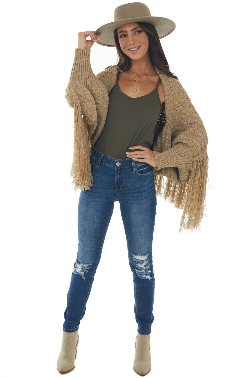 Latte Cable Knit Fringe Hem Shrug Cardigan