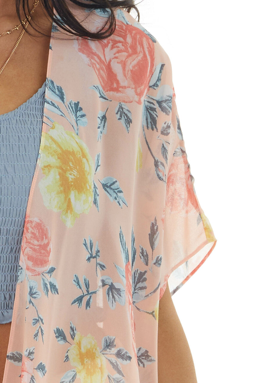 Pale Coral Floral Print Lightweight Flowy Chiffon Kimono 