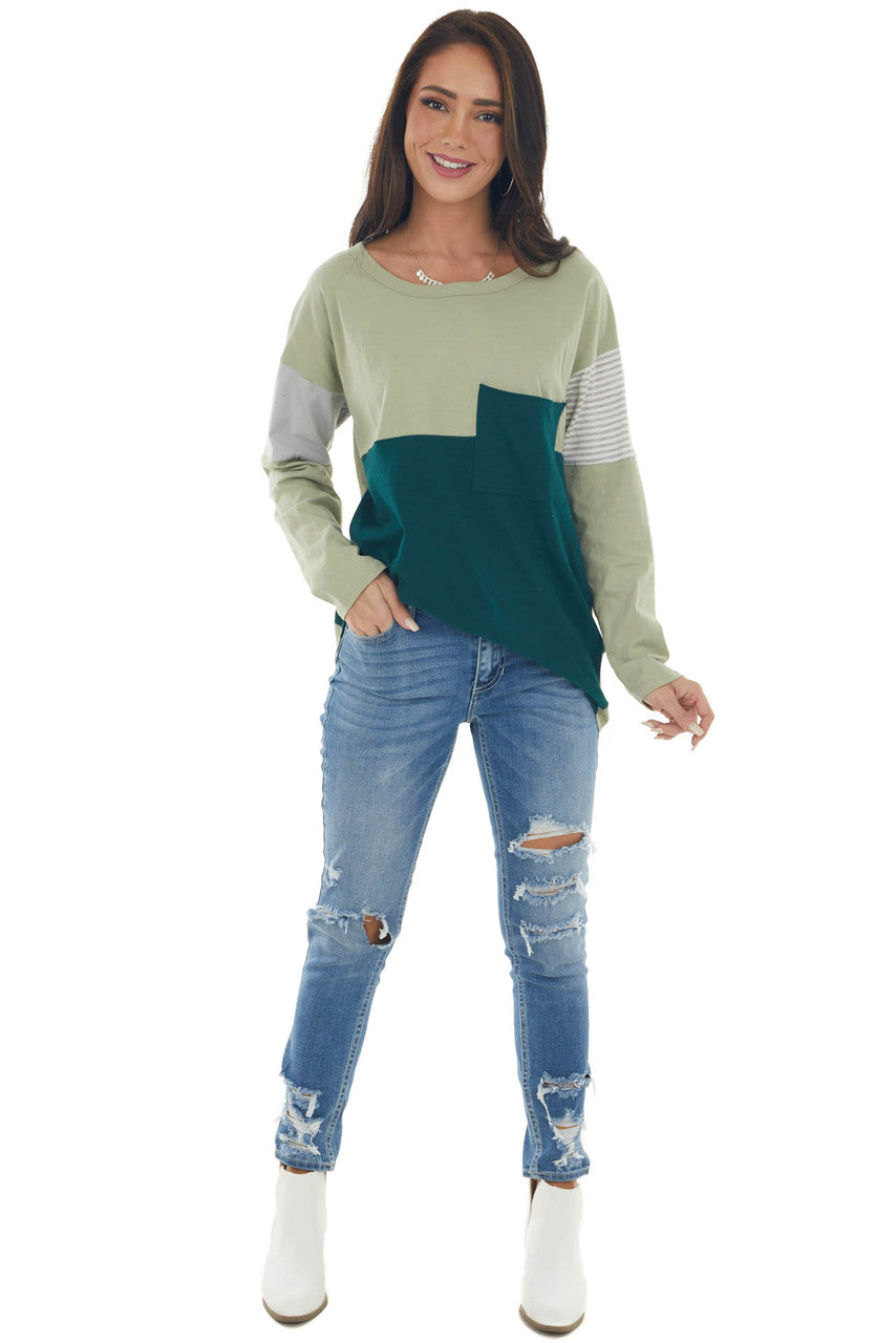 Green Colorblock Knit Top with Chest Pocket