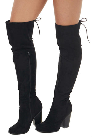Black Over the Knee High Boots with Lace Up Back Detail