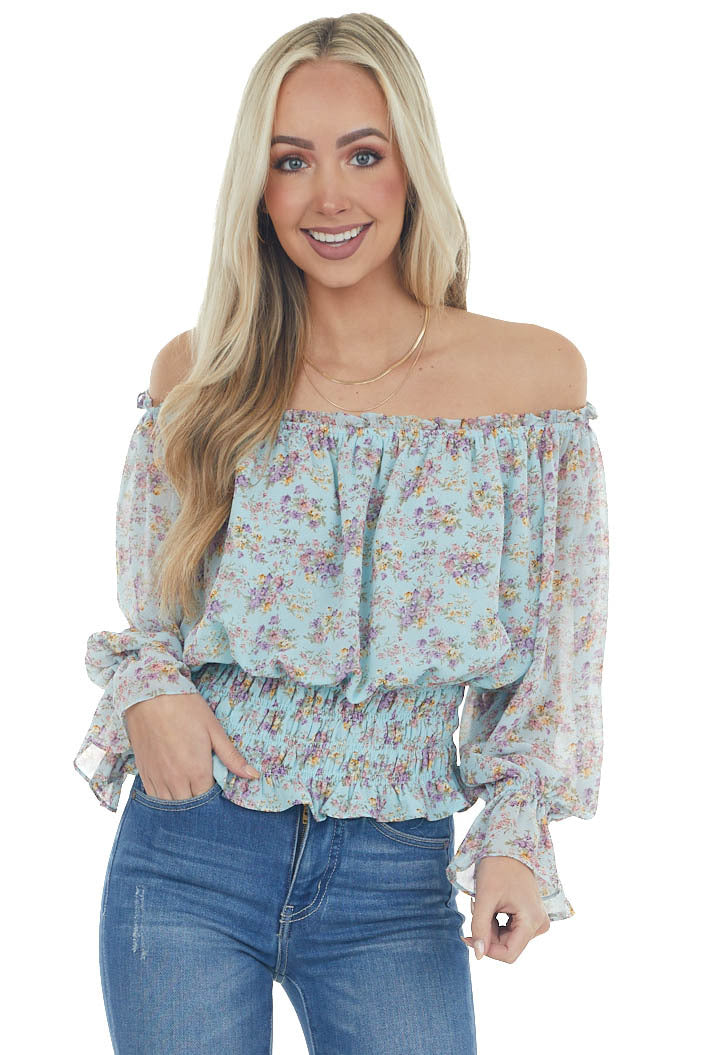 Arctic Blue Floral Print Smocked Waist Blouse