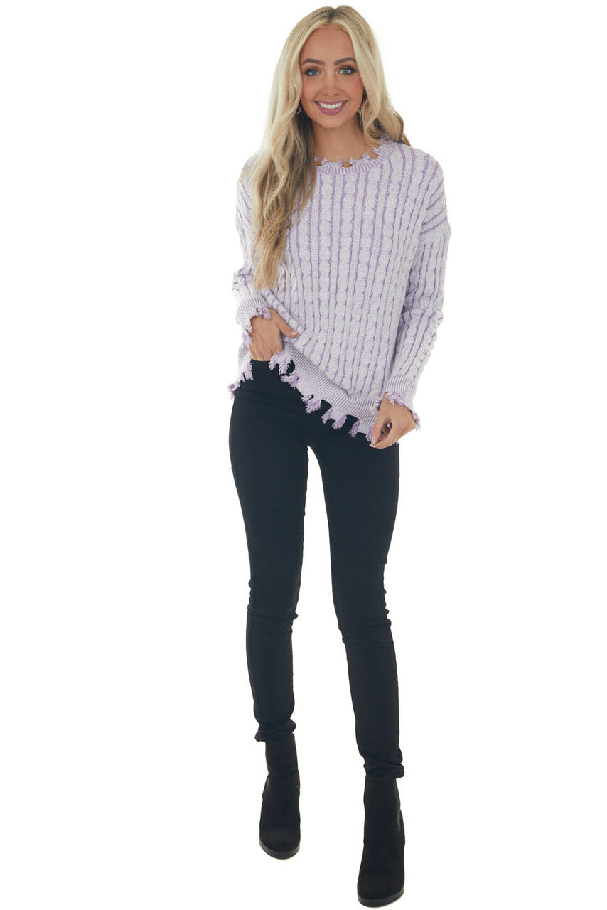 Lilac Cable Knit Distressed Trim Sweater