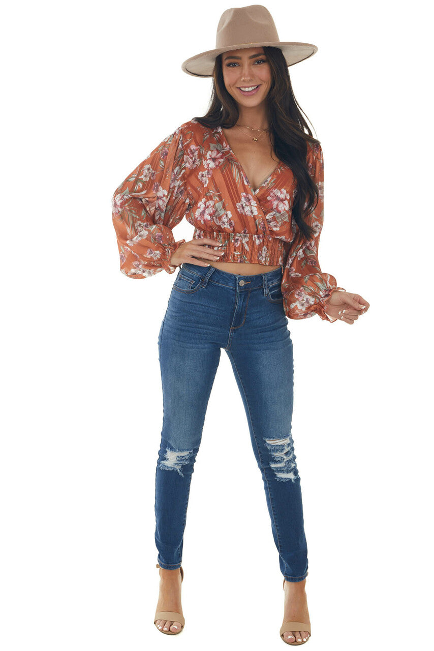 Tawny Floral Surplice Cropped Satin Blouse 