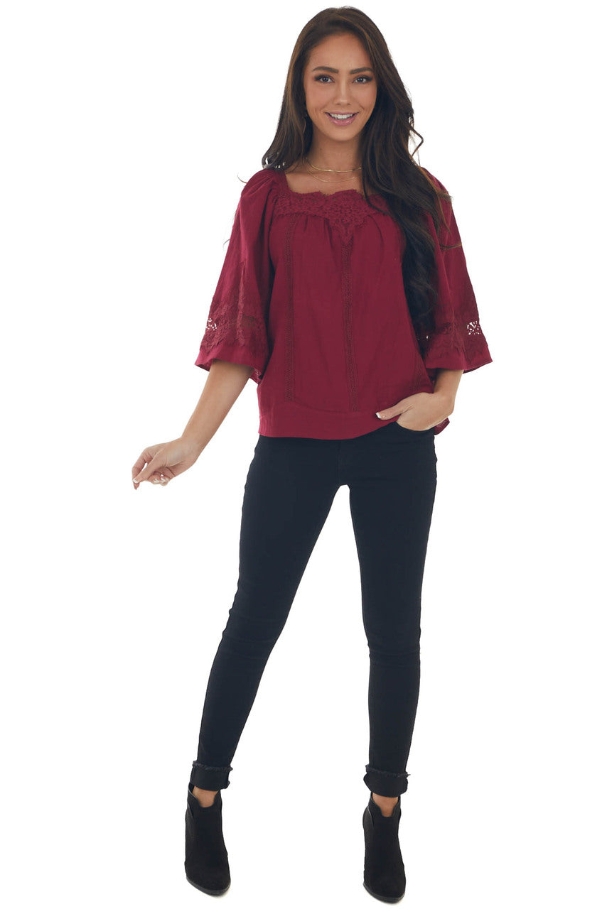 Maroon Flare Sleeve Lace Trim Blouse