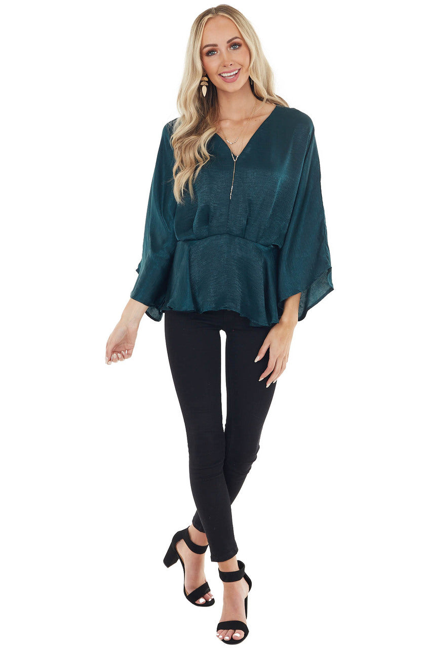 Forest Green Satin Flowy Drop Waist Blouse with V Neckline