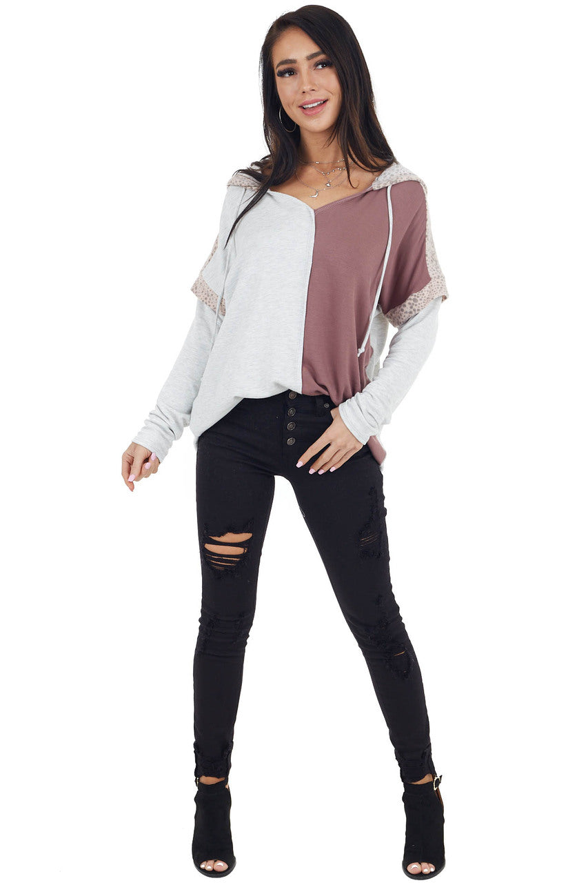 Marsala Colorblock Long Sleeve Hoodie with Cheetah Print