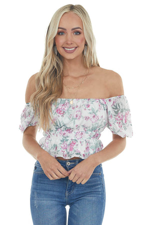 Off White Floral Print Short Puff Sleeve Top