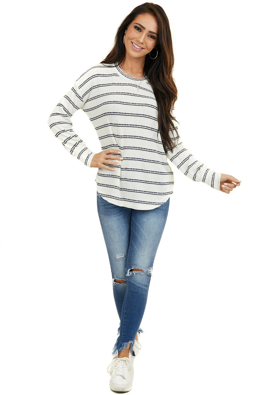 Ivory and Black Striped Knit Top with Long Sleeves 