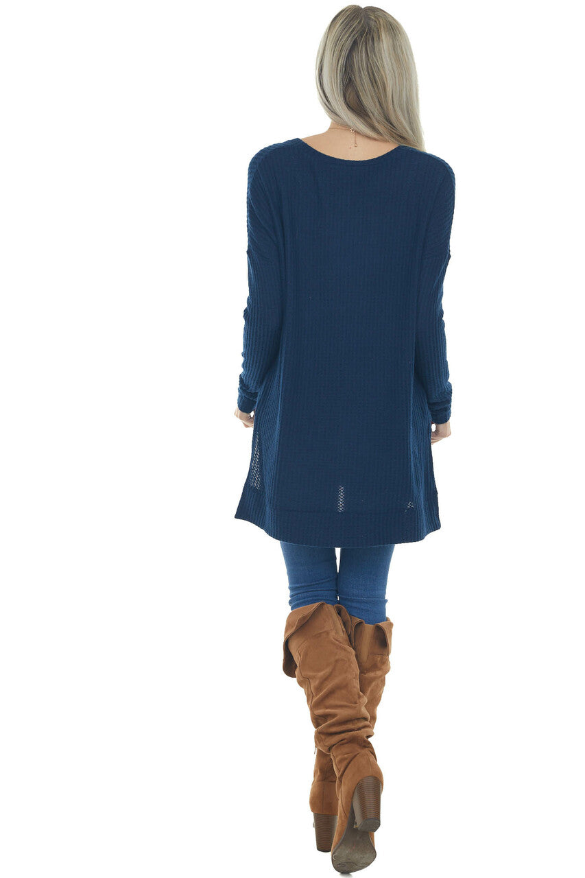 Navy Blue Tunic Length Brushed Waffle Knit Top