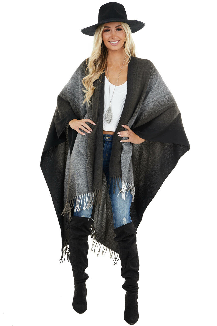 Charcoal Grey Ombre Colorblock Poncho with Fringe Detail 