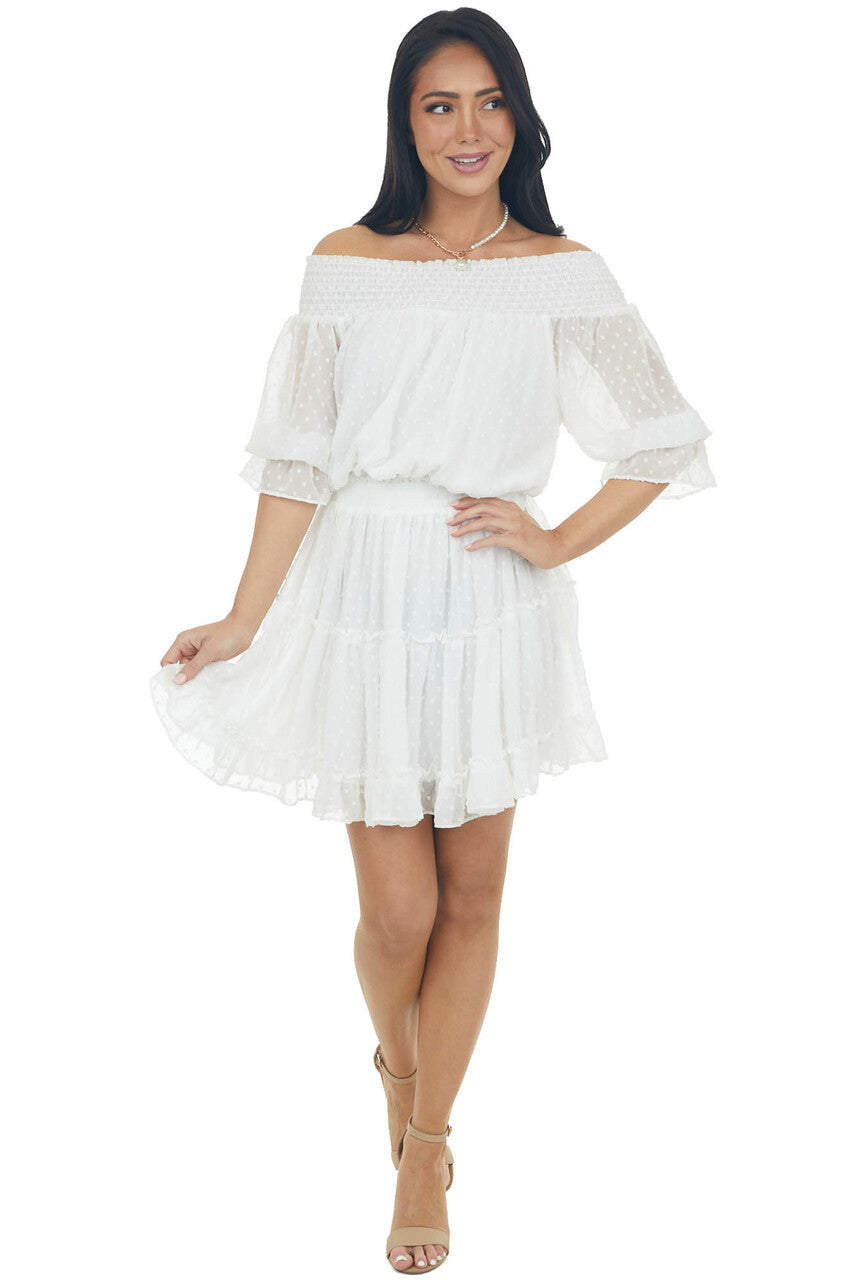 Ivory Off the Shoulder Swiss Dot Short Dress