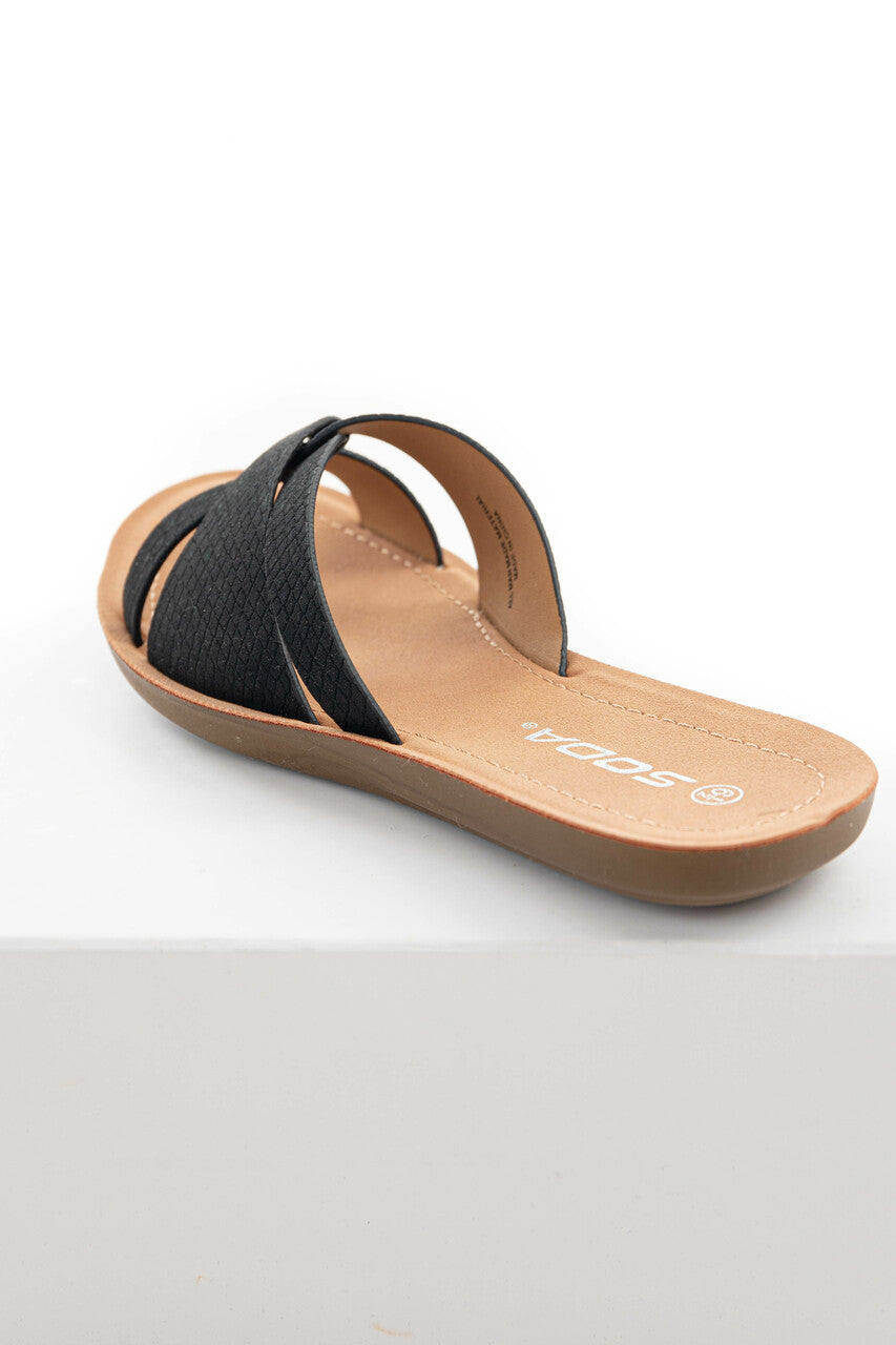 Black and Snakeskin Open Toe Flat Sandal