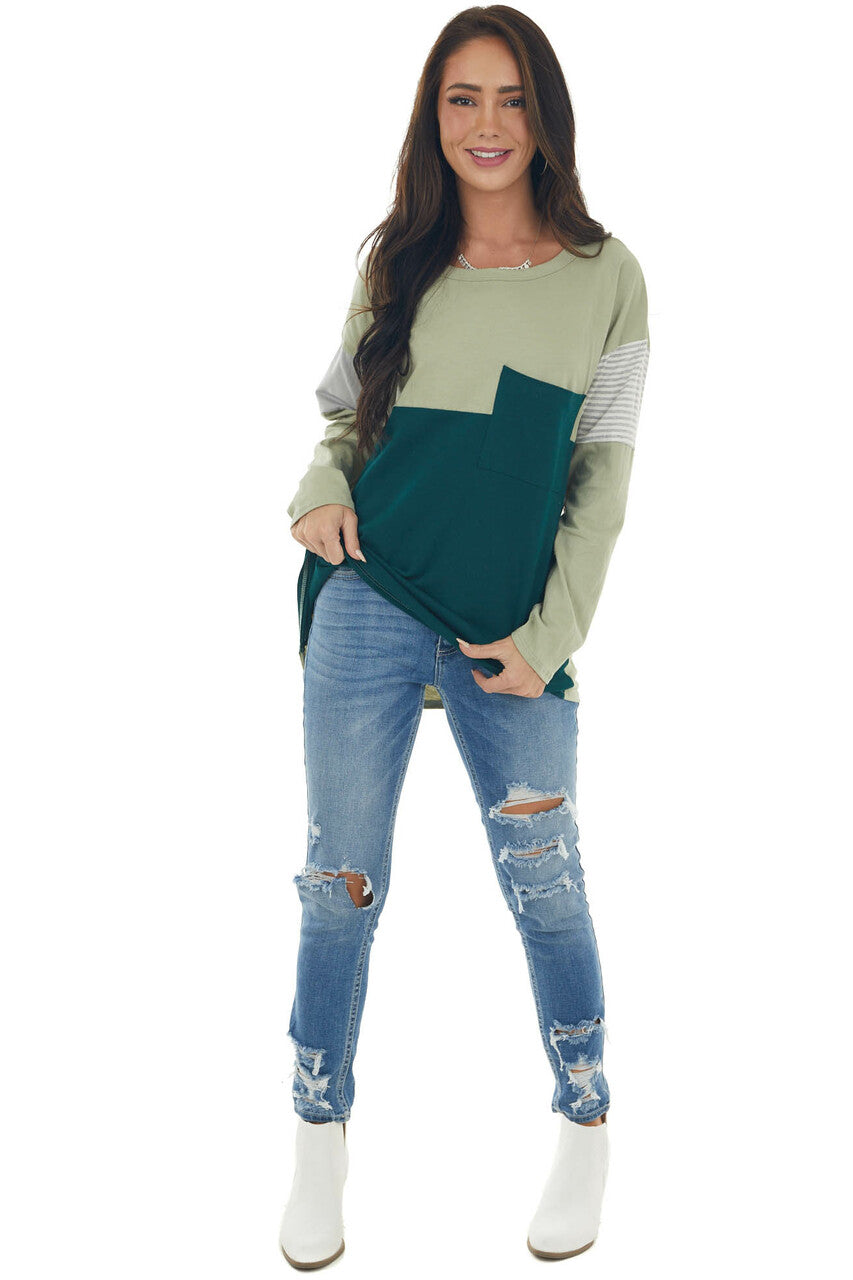 Green Colorblock Knit Top with Chest Pocket