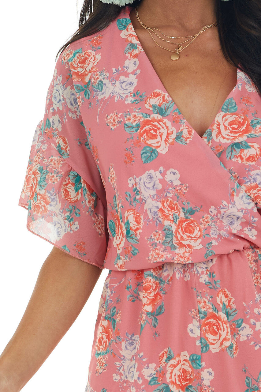 Watermelon Floral Print Surplice Neck Romper