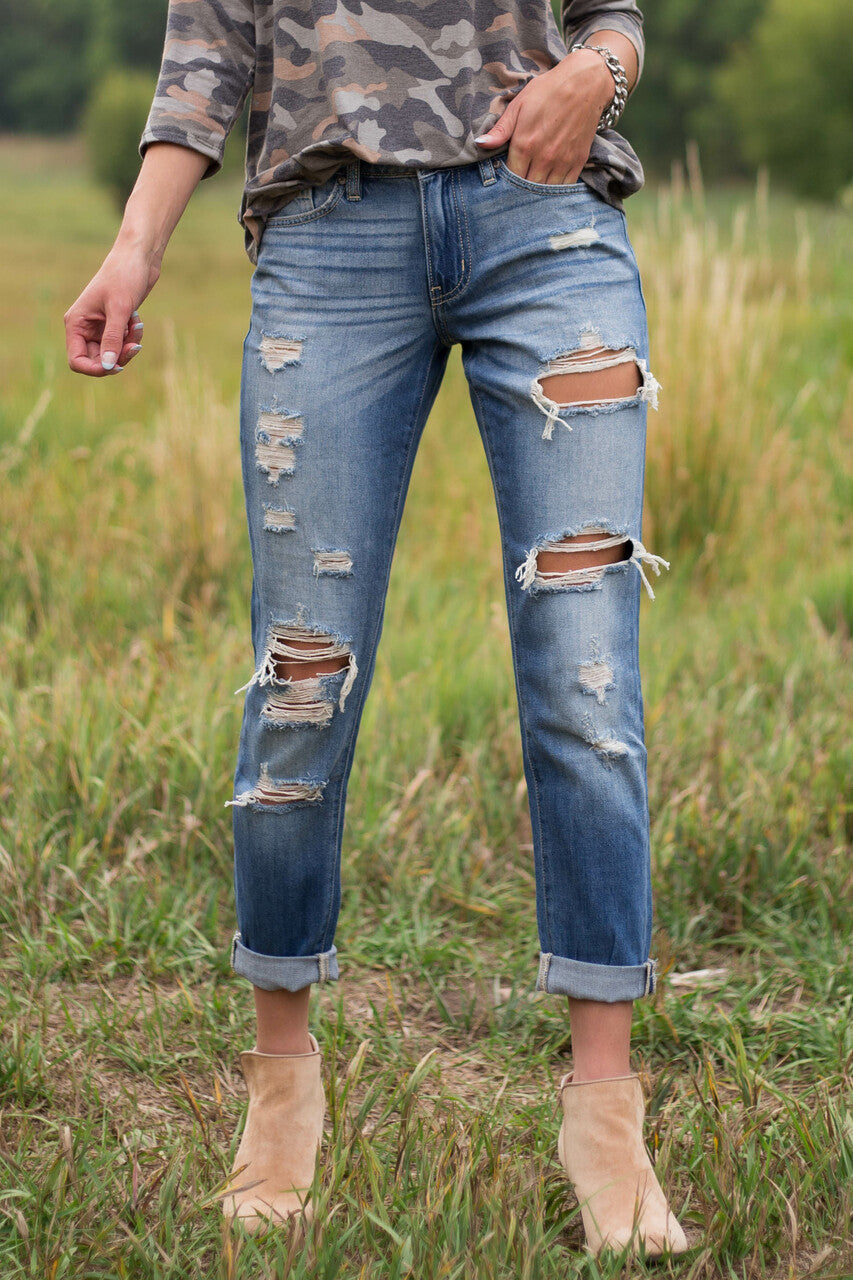 Mid Wash Mid Rise Heavy Torn Boyfriend Jeans