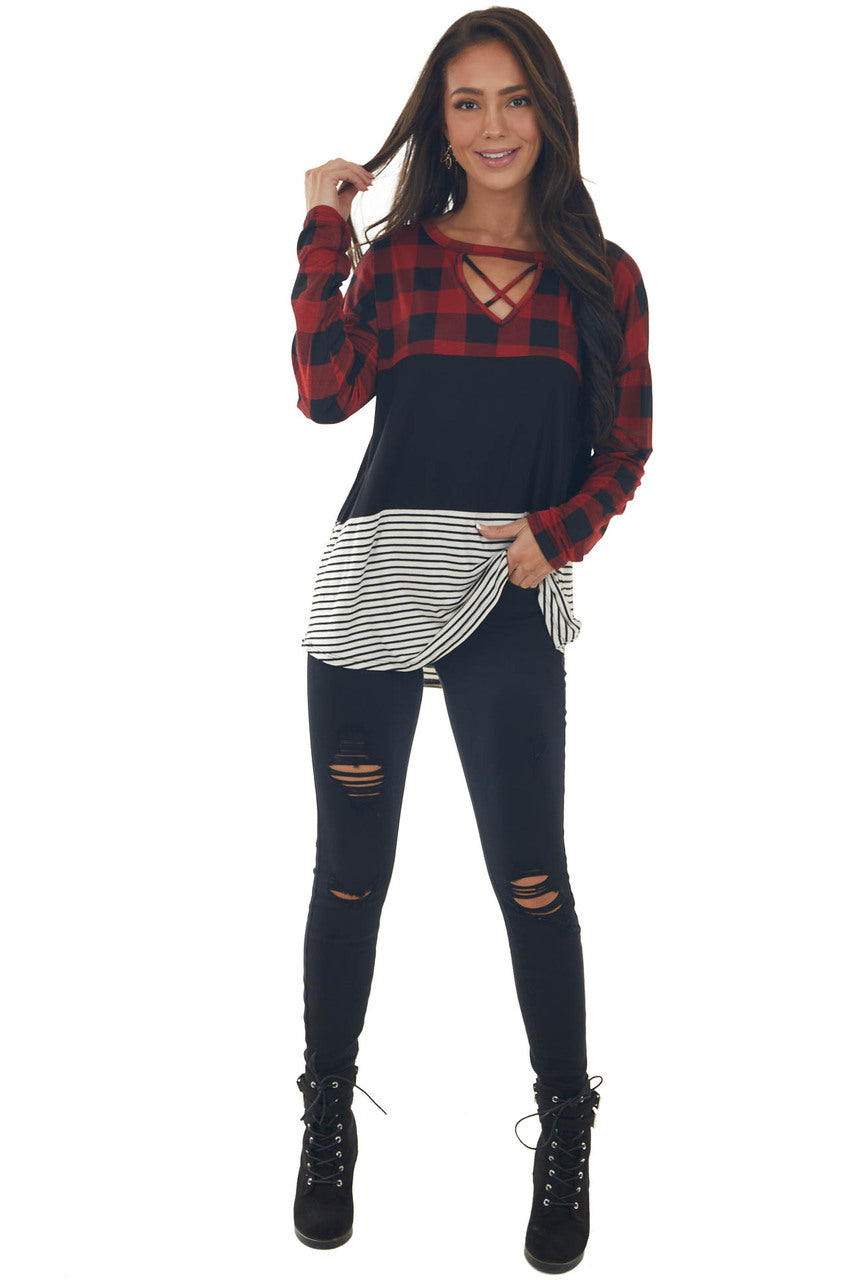 Cherry Buffalo Plaid Multiprint Strappy Top