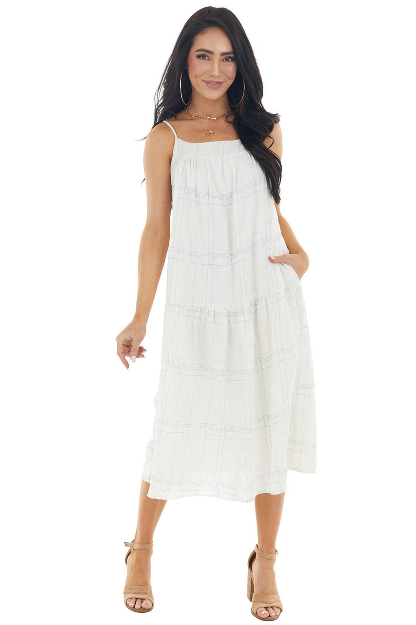 Ivory Plaid Sleeveless Midi Woven Dress with Pockets