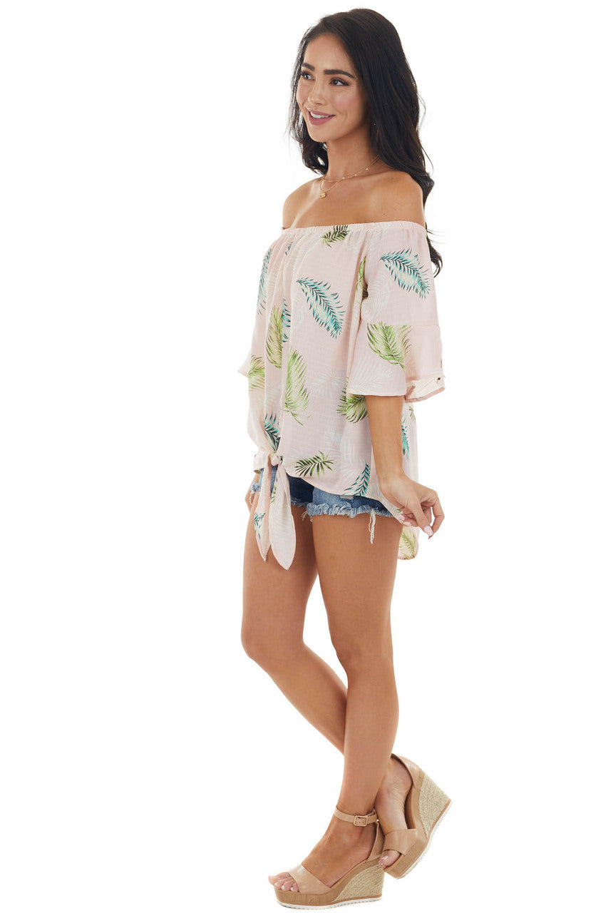 Dusty Blush Leaf Print Off Shoulder Blouse with Front Tie 