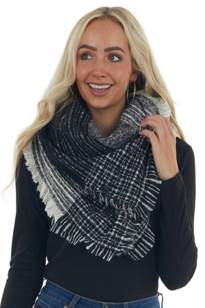 Black Plaid Print Frayed Edge Oblong Scarf 